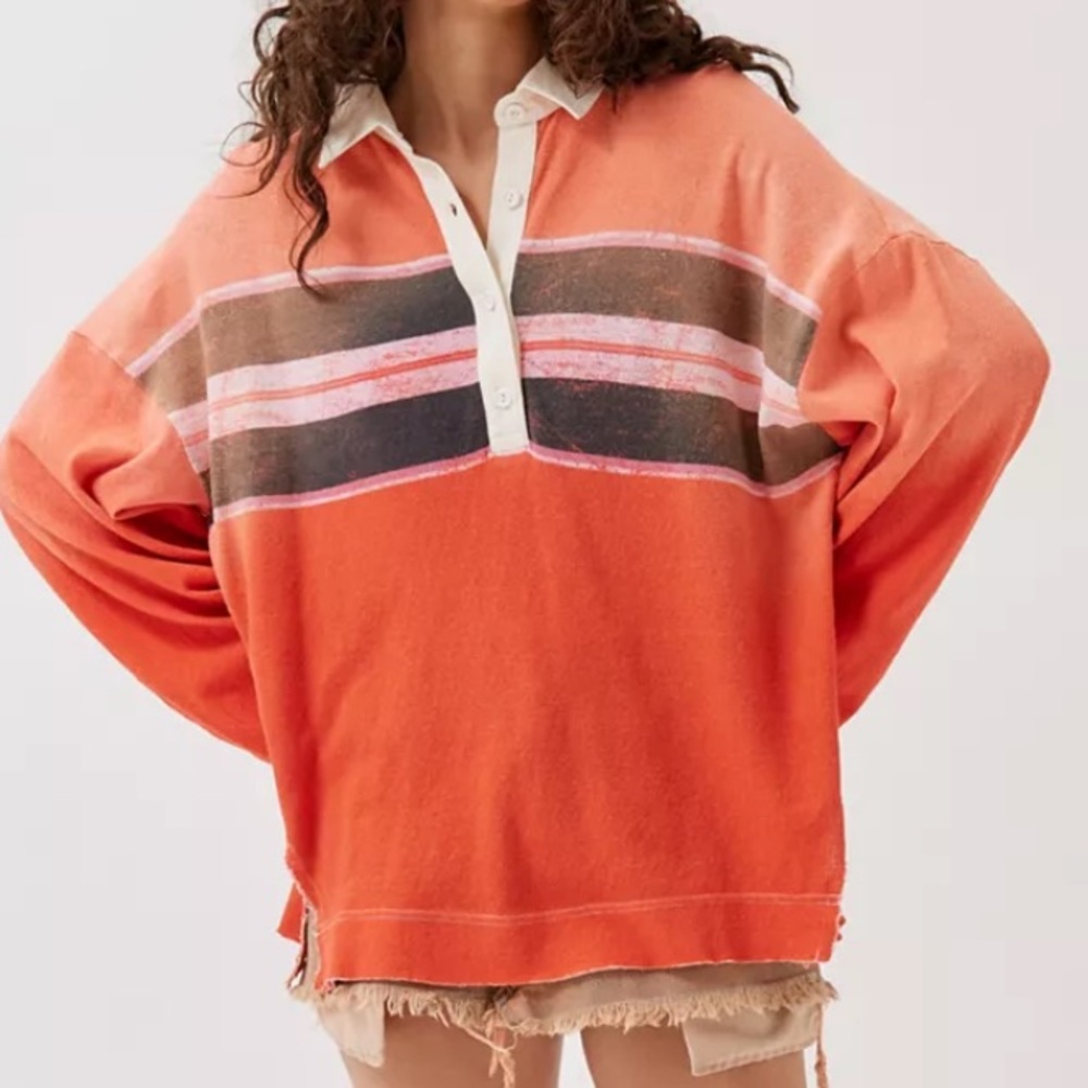 BDG Orange Striped Long Sleeve Polo Sweatshirt